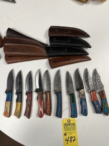 ASSORTED 4'' HUNTING & SKINNING KNIVES - CUSTOM HANDMADE DAMASCUS STEEL - PAKKA WOOD HANDLE - LAMINATED LEATHER SHEATH