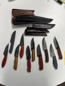ASSORTED 4'' HUNTING & SKINNING KNIVES - CUSTOM HANDMADE DAMASCUS STEEL - PAKKA WOOD HANDLE - LAMINATED LEATHER SHEATH