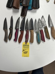 ASSORTED 4'' HUNTING & SKINNING KNIVES - CUSTOM HANDMADE DAMASCUS STEEL - PAKKA WOOD HANDLE - LAMINATED LEATHER SHEATH