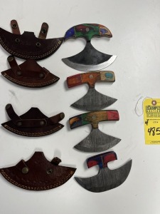 ASSORTED ALASKAN ULU KNIVES - 2- 6'' / 2- 5'' - CUSTOM HANDMADE DAMASCUS STEEL - PAKKA WOOD HANDLE - LAMINATED LEATHER SHEATH