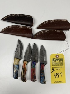 ASSORTED 3'' SKINNING KNIVES - CUSTOM HANDMADE DAMASCUS STEEL - PAKKA WOOD & RESIN HANDLE - LAMINATED LEATHER SHEATH
