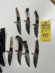 ASSORTED 3'' SKINNING KNIVES - CUSTOM HANDMADE DAMASCUS STEEL - BONE HANDLE - LAMINATED LEATHER SHEATH