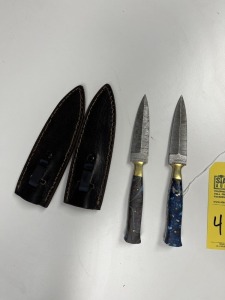 ASSORTED 4'' DAGGERS - CUSTOM HANDMADE DAMASCUS STEEL - RESIN HANDLE - LAMINATED LEATHER SHEATH