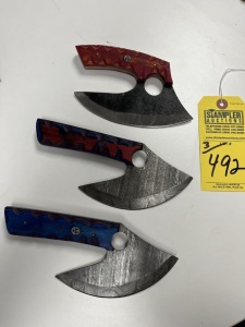 ASSORTED ALASKAN ULU KNIVES - 1- 6'' / 2- 5'' - CUSTOM HANDMADE DAMASCUS STEEL - PAKKA WOOD HANDLE - LAMINATED LEATHER SHEATH
