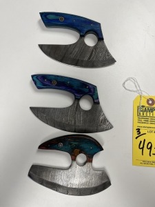 ASSORTED ALASKAN ULU KNIVES - 2- 6'' / 1- 5'' - CUSTOM HANDMADE DAMASCUS STEEL - PAKKA WOOD HANDLE - LAMINATED LEATHER SHEATH