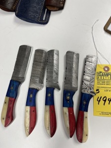ASSORTED 4'' BULL CUTTING KNIVES - CUSTOM HANDMADE DAMASCUS STEEL - PAKKA WOOD & RESIN HANDLE - LAMINATED LEATHER SHEATH