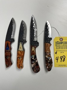 ASSORTED HUNTING & SKINNING KNIVES - 1- 5'' / 1- 4'' / 2- 3.5'' - CUSTOM HANDMADE DAMASCUS STEEL - PAKKA WOOD & RESIN HANDLE - LAMINATED LEATHER SHEATH