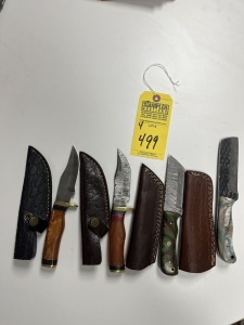 ASSORTED 4'' KNIVES - 2- HUNTING & SKINNING / 2- BULL CUTTING - CUSTOM HANDMADE DAMASCUS STEEL - RESIN HANDLE - LAMINATED LEATHER SHEATH