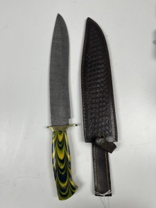 11'' BOWIE KNIFE - CUSTOM HANDMADE DAMASCUS STEEL - RESIN HANDLE - LAMINATED LEATHER SHEATH