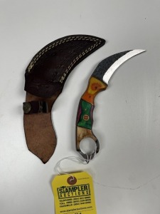 3'' KARAMBIT KNIFE - CUSTOM HANDMADE DAMASCUS STEEL - PAKKA WOOD HANDLE - LAMINATED LEATHER SHEATH