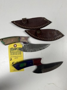 ASSORTED 5.5'' ULU KNIVES WITH GUT HOOK - CUSTOM HANDMADE DAMASCUS STEEL - PAKKA WOOD HANDLE - LAMINATED LEATHER SHEATH