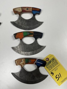 ASSORTED 6'' ALASKAN ULU KNIVES WITH GUT HOOK - CUSTOM HANDMADE DAMASCUS STEEL - PAKKA WOOD HANDLE - LAMINATED LEATHER SHEATH