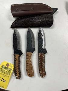 ASSORTED 4'' HUNTING & SKINNING KNIVES - CUSTOM HANDMADE DAMASCUS STEEL - PAKKA WOOD HANDLE - LAMINATED LEATHER SHEATH
