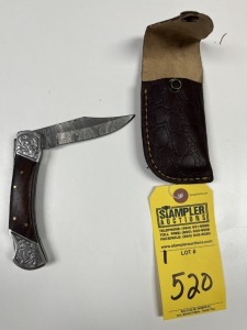 3'' POCKET KNIFE - CUSTOM HANDMADE DAMASCUS STEEL - WOOD HANDLE - LAMINATED LEATHER SHEATH