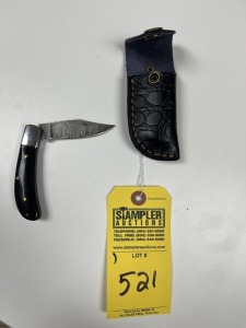 3'' POCKET KNIFE - CUSTOM HANDMADE DAMASCUS STEEL - RESIN HANDLE - LAMINATED LEATHER SHEATH