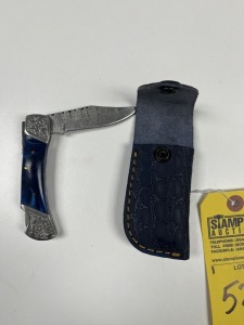 3.5'' POCKET KNIFE - CUSTOM HANDMADE DAMASCUS STEEL - RESIN HANDLE - LAMINATED LEATHER SHEATH