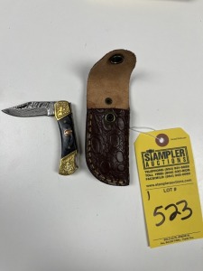2.5'' POCKET KNIFE - CUSTOM HANDMADE DAMASCUS STEEL - WOOD HANDLE - LAMINATED LEATHER SHEATH