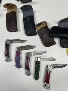 ASSORTED 3.5'' POCKET KNIVES - CUSTOM HANDMADE DAMASCUS STEEL - PAKKA WOOD HANDLE - LAMINATED LEATHER SHEATH