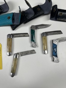 ASSORTED 3.5'' POCKET KNIVES - CUSTOM HANDMADE DAMASCUS STEEL - RESIN HANDLE - LAMINATED LEATHER SHEATH