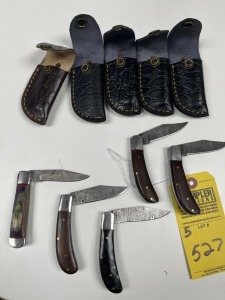 ASSORTED 3'' POCKET KNIVES - CUSTOM HANDMADE DAMASCUS STEEL - 1- PAKKA WOOD HANDLE / 1- RESIN HANDLE / 3- WOOD HANDLE - LAMINATED LEATHER SHEATH