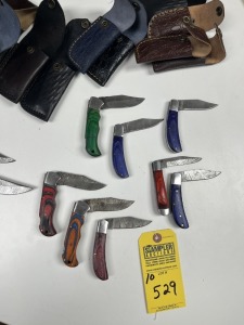 ASSORTED POCKET KNIVES - 2- 3.5'' / 8- 3'' - CUSTOM HANDMADE DAMASCUS STEEL - PAKKA WOOD & WOOD HANDLE - LAMINATED LEATHER SHEATH