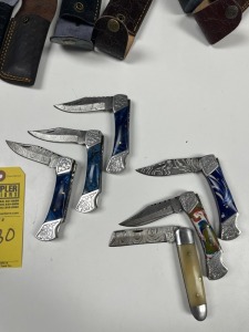 ASSORTED 3'' POCKET KNIVES - 1- BULL CUTTER BLADE - CUSTOM HANDMADE DAMASCUS STEEL - RESIN HANDLE - LAMINATED LEATHER SHEATH