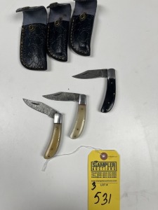 ASSORTED 3'' POCKET KNIVES - CUSTOM HANDMADE DAMASCUS STEEL - RESIN HANDLE - LAMINATED LEATHER SHEATH