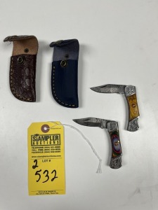 ASSORTED 2'' POCKET KNIVES - CUSTOM HANDMADE DAMASCUS STEEL - PAKKA WOOD HANDLE - LAMINATED LEATHER SHEATH