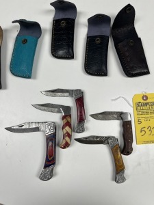 ASSORTED POCKET KNIVES - 1- 4'' / 4- 3'' - CUSTOM HANDMADE DAMASCUS STEEL - PAKKA WOOD HANDLE - LAMINATED LEATHER SHEATH
