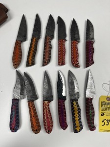 ASSORTED 4'' HUNTING & SKINNING KNIVES - CUSTOM HANDMADE DAMASCUS STEEL - PAKKA WOOD HANDLE - LAMINATED LEATHER SHEATH