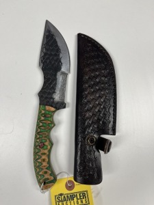 5.5'' HUNTING & SKINNING KNIFE - CUSTOM HANDMADE DAMASCUS STEEL - PAKKA WOOD HANDLE - LAMINATED LEATHER SHEATH