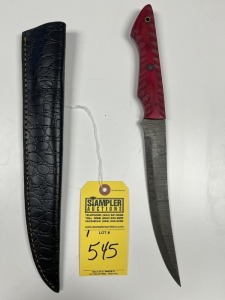 8'' FILET KNIFE - CUSTOM HANDMADE DAMASCUS STEEL - PAKKA WOOD HANDLE - LAMINATED LEATHER SHEATH