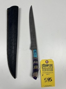 8.5'' FILET KNIFE - CUSTOM HANDMADE DAMASCUS STEEL - PAKKA WOOD & RESIN HANDLE - LAMINATED LEATHER SHEATH