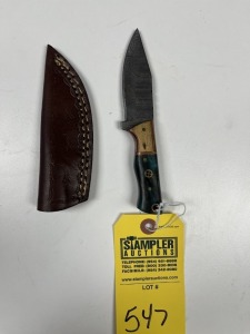 3'' SKINNING KNIFE - CUSTOM HANDMADE DAMASCUS STEEL - PAKKA WOOD HANDLE - LAMINATED LEATHER SHEATH