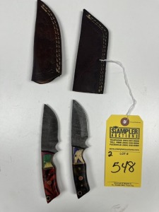 3'' SKINNING KNIVES - CUSTOM HANDMADE DAMASCUS STEEL - PAKKA WOOD & RESIN HANDLE - LAMINATED LEATHER SHEATH