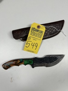 5.5'' HUNTING & SKINNING KNIFE - CUSTOM HANDMADE DAMASCUS STEEL - PAKKA WOOD & RESIN HANDLE - LAMINATED LEATHER SHEATH
