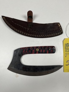 7.5'' ULU KNIFE - CUSTOM HANDMADE DAMASCUS STEEL - PAKKA WOOD HANDLE - LAMINATED LEATHER SHEATH