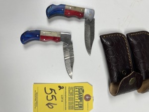 ASSORTED 3'' POCKET KNIVES - CUSTOM HANDMADE DAMASCUS STEEL - TEXAS PAKKA WOOD & RESIN HANDLE - LAMINATED LEATHER SHEATH