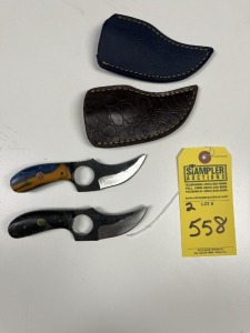 ASSORTED 3'' SKINNING KNIVES - CUSTOM HANDMADE DAMASCUS STEEL - RESIN HANDLE - LAMINATED LEATHER SHEATH