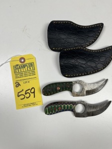 ASSORTED 3'' SKINNING KNIVES - CUSTOM HANDMADE DAMASCUS STEEL - PAKKA WOOD HANDLE - LAMINATED LEATHER SHEATH