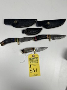 ASSORTED KNIVES - 2- 4'' HUNTING & SKINNING / 1- 3'' SKINNING - CUSTOM HANDMADE DAMASCUS STEEL - BONE HANDLE - LAMINATED LEATHER SHEATH