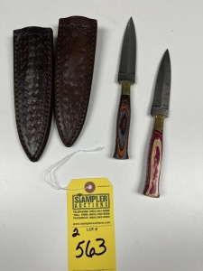 4'' DAGGERS - CUSTOM HANDMADE DAMASCUS STEEL - PAKKA WOOD HANDLE - LAMINATED LEATHER SHEATH