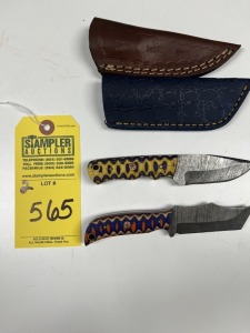 ASSORTED 3'' KNIVES - CUSTOM HANDMADE DAMASCUS STEEL - PAKKA WOOD HANDLE - LAMINATED LEATHER SHEATH