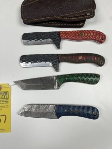 ASSORTED 4'' BULL CUTTING KNIVES - CUSTOM HANDMADE DAMASCUS STEEL - PAKKA WOOD HANDLE - LAMINATED LEATHER SHEATH
