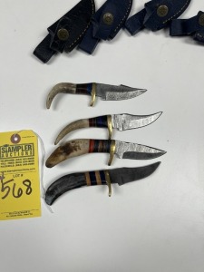 ASSORTED 3'' SKINNING KNIVES - CUSTOM HANDMADE DAMASCUS STEEL - BONE HANDLE - LAMINATED LEATHER SHEATH