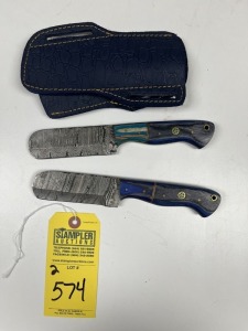 ASSORTED 4'' BULL CUTTING KNIVES - CUSTOM HANDMADE DAMASCUS STEEL - PAKKA WOOD HANDLE - LAMINATED LEATHER SHEATH
