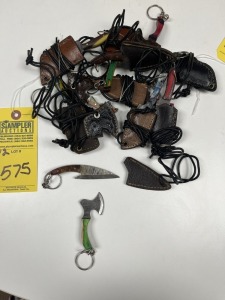 ASSORTED NECKLACES WITH MINIATURE KNIVES, HATCHETS & MORE
