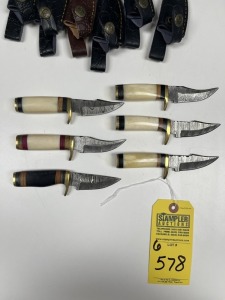 ASSORTED 3'' SKINNING KNIVES - CUSTOM HANDMADE DAMASCUS STEEL - RESIN HANDLE - LAMINATED LEATHER SHEATH