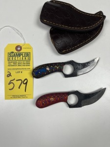 ASSORTED 3'' SKINNING KNIVES - CUSTOM HANDMADE DAMASCUS STEEL - PAKKA WOOD HANDLE - LAMINATED LEATHER SHEATH