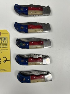ASSORTED 3'' POCKET KNIVES - CUSTOM HANDMADE DAMASCUS STEEL - TEXAS PAKKA WOOD & RESIN HANDLE - LAMINATED LEATHER SHEATH
